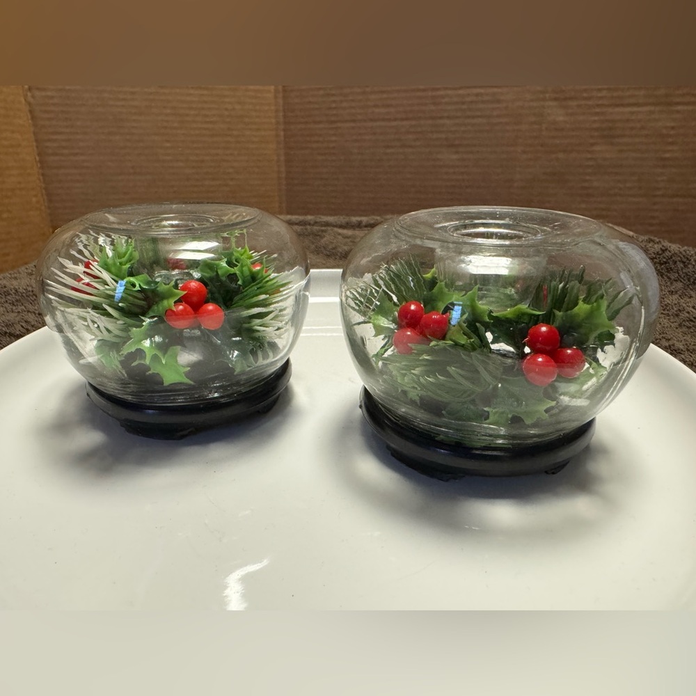 Vintage Pair Christmas MCM Terrarium Style Candle Holder Holly Berries Hong Kong